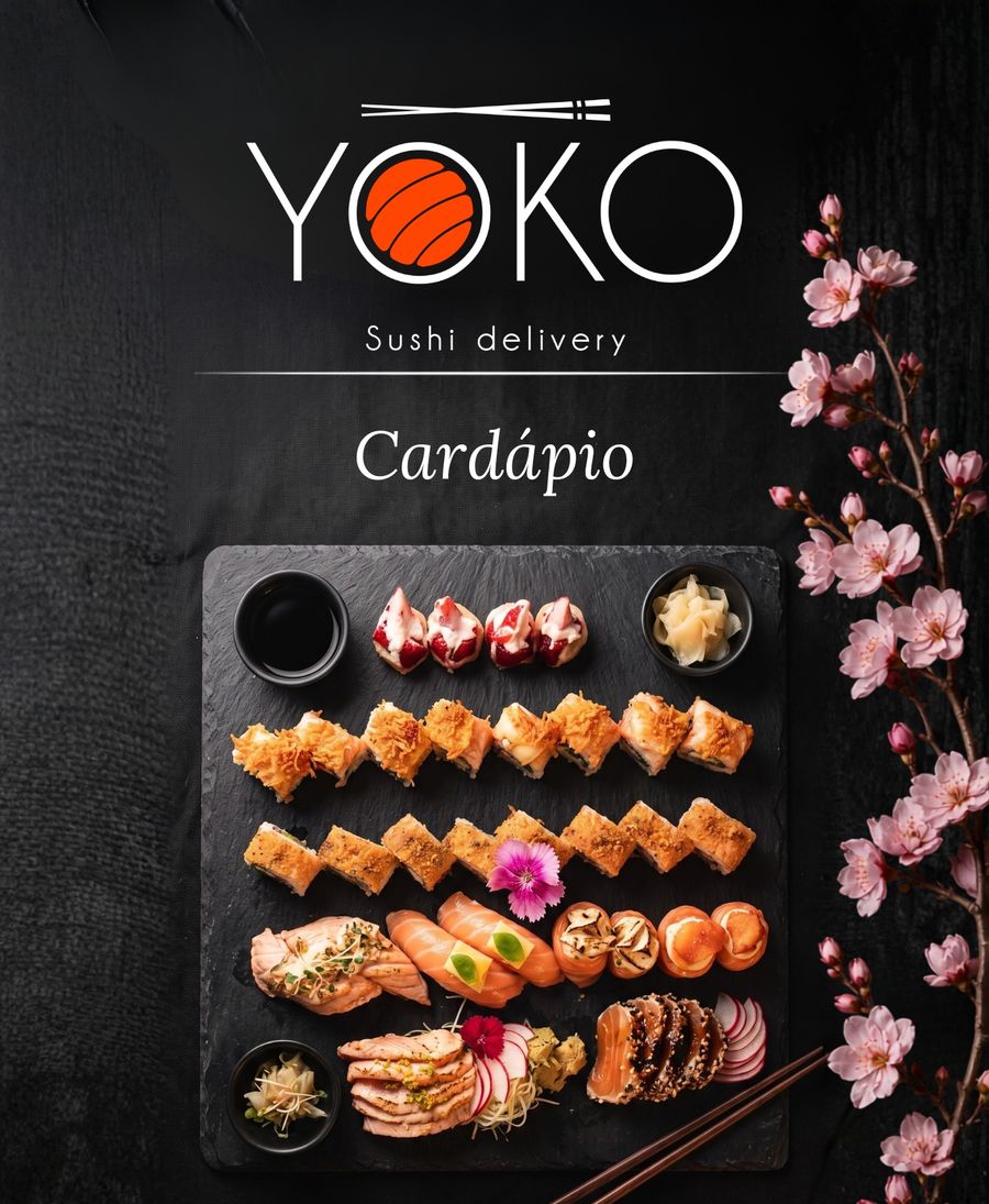 Capa do cardápio Yoko Sushi Delivery: logo, a palavra Cardápio e uma ardósia com hots, uramakis, niguiris e sashimis, ao lado de um galho de cerejeira